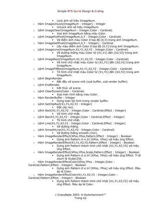 Simple ЯTS G∆me Dεsign & CΘding


                      Lock ảnh số hiệu ImageNum.
   o   Hàm ImageUnLock(ImageNum : Integer) : Integer
                      UnLock ảnh số hiệu ImageNum.
   o Lệnh ImageClear(ImageNum : Integer;Color : Cardinal)
                      Xoá ảnh ImageNum bằng màu Color.
   o Lệnh ImagePutPixel(ImageNum,X,Y : Integer;Color : Cardinal)
                      Vẽ điểm ảnh màu Color ở toạ độ [X,Y] trong ảnh ImageNum.
   o Hàm ImageGetPixel(ImageNum,X,Y : Integer) : Cardinal
                      Lấy màu điểm ảnh Color ở toạ độ [X,Y] trong ảnh ImageNum.
   o Lệnh ImageLine(ImageNum,X1,Y1,X2,Y2 : Integer;Color : Cardinal)
                      Vẽ đường thẳng màu Color từ [X1,Y1] đến [X2,Y2] trong ảnh
                      ImageNum.
   o Lệnh ImageRect(ImageNum,X1,Y1,X2,Y2 : Integer;Color : Cardinal)
                      Vẽ hình chữ nhật màu Color từ [X1,Y1] đến [X2,Y2] trong ảnh
                      ImageNum.
   o Lệnh ImageFillRect(ImageNum,X1,Y1,X2,Y2 : Integer;Color : Cardinal)
                      Tô hình chữ nhật màu Color từ [X1,Y1] đến [X2,Y2] trong ảnh
                      ImageNum.
   o Lệnh BeginRender
                      Bắt đầu vẽ scene mới (xoá buffer, xoá render buffer).
   o Lệnh EndRender
                      Kết thúc vẽ scene.
   o Lệnh ClearScreen(Color : Cardinal)
                      Xoá màn hình bằng màu Color.
   o Hàm RenderBuffer : Integer
                      Dựng toàn bộ hình trong render buffer.
   o Lệnh SetClipRect(X1,Y1,X2,Y2 : Integer)
                      Đặt clip rect.
   o Lệnh Rect(X1,Y1,X2,Y2 : Integer;Color : Cardinal;Effect : Integer)
                      Vẽ hình chữ nhật.
   o Lệnh Bar(X1,Y1,X2,Y2 : Integer;Color : Cardinal;Effect : Integer)
                      Tô hình chữ nhật.
   o Lệnh Line(X1,Y1,X2,Y2 : Integer;Color : Cardinal;Effect : Integer)
                      Vẽ đường thẳng.
   o Lệnh SmoothLine(X1,Y1,X2,Y2 : Integer;Color : Cardinal)
                      Vẽ đường thẳng smooth (mịn).
   o Hàm ImageRenderEffect(XPos,YPos,Pattern,Effect : Integer) : Boolean
                      Dựng ảnh Pattern ở vị trí [XPos, YPos] với hiệu ứng Effect.
   o Hàm ImageRenderEffect(X1,Y1,X2,Y2,Pattern,Effect : Integer) : Boolean
                      Dựng ảnh Pattern thành hình chữ nhật [X1,Y1,X2,Y2] với hiệu
                      ứng Effect.
   o Hàm ImageRenderEffect(XPos,YPos,Scale,Pattern,Effect : Integer) : Boolean
                      Dựng ảnh Pattern ở vị trí [XPos, YPos] với hiệu ứng Effect. Tỉ lệ
                      zoom là Scale/256.
   o Hàm ImageRenderEffectColor(XPos,YPos : Integer;Color :
Cardinal;Pattern,Effect : Integer) : Boolean
                      Dựng ảnh Pattern ở vị trí [XPos, YPos] với hiệu ứng Effect. Màu
                      áp là Color.
   o Hàm ImageRenderEffectColor(X1,Y1,X2,Y2 : Integer;Color :
Cardinal;Pattern,Effect : Integer) : Boolean
                      Dựng ảnh Pattern thành hình chữ nhật [X1,Y1,X2,Y2] với hiệu
                      ứng Effect. Màu áp là Color.


                    © CrazyBabe 2003. K-Outertainment™
                                 Trang 62
 