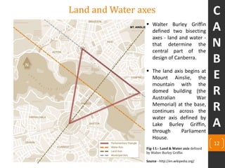 Land and Water axes
 Walter Burley Griffin
defined two bisecting
axes - land and water -
that determine the
central part of the
design of Canberra.
 The land axis begins at
Mount Ainslie, the
mountain with the
domed building (the
Australian War
Memorial) at the base,
continues across the
water axis defined by
Lake Burley Griffin,
through Parliament
House.
12
Fig-11:- Land & Water axis defined
by Walter Burley Griffin
Source - http://en.wikipedia.org/
MT. AINSLIE
C
A
N
B
E
R
R
A
 