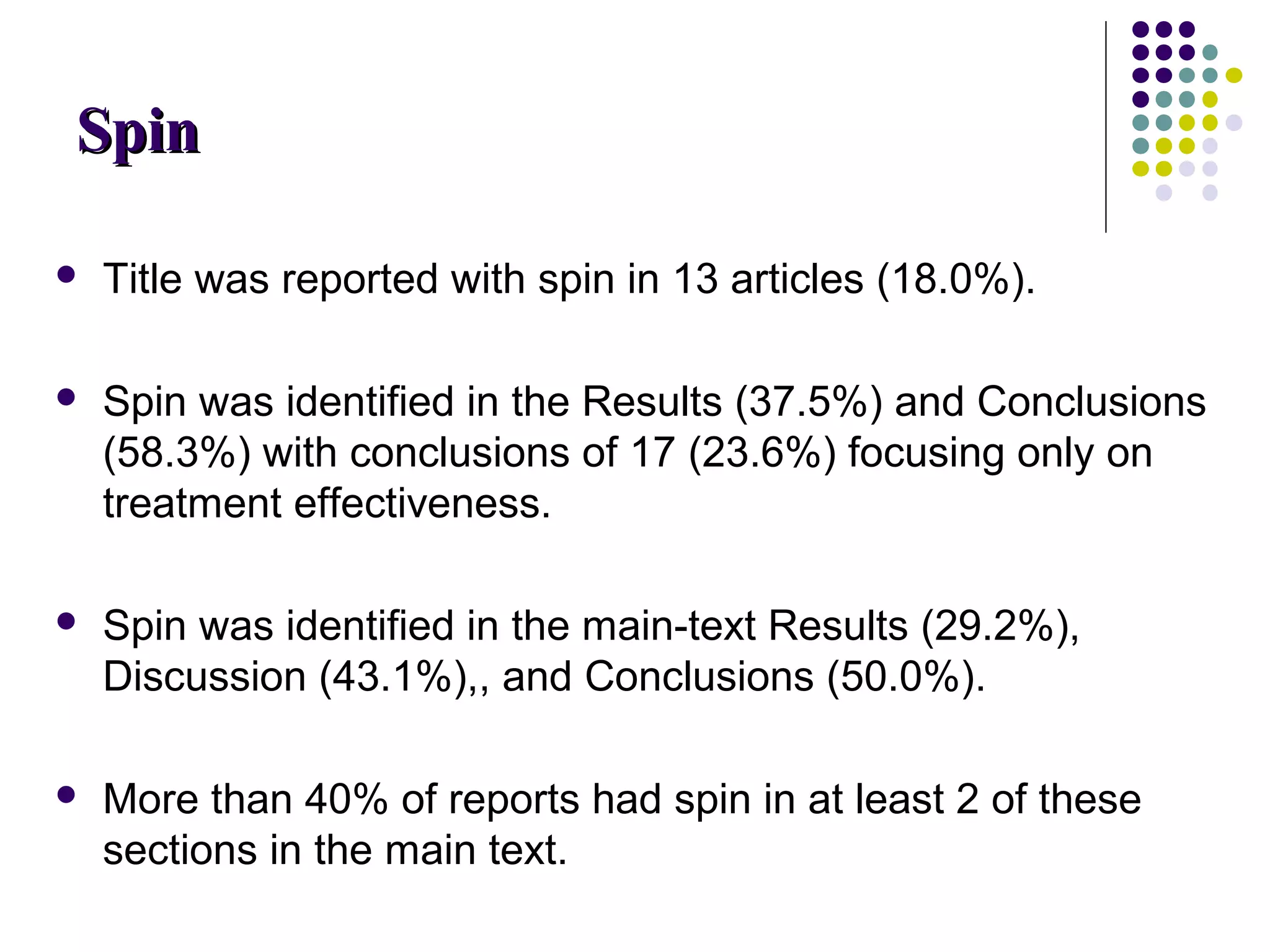 SSppiinn 
 Title was reported with spin in 13 articles (18.0%). 
 Spin was identified in the Results (37.5%) and Conclusions 
(58.3%) with conclusions of 17 (23.6%) focusing only on 
treatment effectiveness. 
 Spin was identified in the main-text Results (29.2%), 
Discussion (43.1%),, and Conclusions (50.0%). 
 More than 40% of reports had spin in at least 2 of these 
sections in the main text. 
 