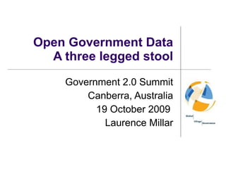 Open Government Data A three legged stool Government 2.0 Summit Canberra, Australia 19 October 2009  Laurence Millar 