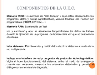 COMPONENTES DE LA U.E.C.
Memoria ROM: Es memoria de “sólo lectura” y aquí están almacenados los
programas, datos y curvas característicos, valores teóricos, etc. Pueden ser
programables (PROM, EPROM,…)
Memoria RAM: Es memoria de “lect
ura y escritura” y aquí se almacenan temporalmente los datos de trabajo
durante la ejecución de un programa. Se borran cada vez que se desconecta
el sistema.


Inter sistemas: Permite enviar y recibir datos de otros sistemas a través de la
red multiplexada.


Incluye una interface de red y un gestor de protocolo. Autodiagnóstico:
Vigila el buen funcionamiento del sistema, activa el modo de emergencia
cuando sea necesario, memoriza las anomalías detectadas y permite el
diálogo con un terminal de diagnosis.
 