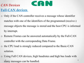 o Only if the CAN controller receives a message whose identifier
matches with one of the identifiers of the programmed (receive-)
message objects the message is stored and the host CPU is informed
by interrupt.
o Remote Frames can be answered automatically by the Full-CAN
controller with the corresponding Data Frame.
o the CPU load is strongly reduced compared to the Basic-CAN
solution.
o Using Full CAN devices, high baudrates and high bus loads with
many messages can be handled.
CAN Devices
Full-CAN devices
 