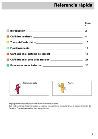 3
Referencia rápida
El programa autodidáctico no es manual de reparaciones.
Las instrucciones de comprobación, ajuste y reparación se consultarán en la documentación del
Servicio Post-Venta prevista para esos efectos.
Págin
a
Introducción _____________________________________________ 2
CAN-Bus de datos ________________________________________ 4
Transmisión de datos______________________________________ 10
Funcionamiento __________________________________________ 12
CAN-Bus en el sistema de confort _________________________ 17
CAN-Bus en el área de la tracción __________________________ 24
Pruebe sus conocimientos ________________________________ 30
Atención / Nota Nuevo
 