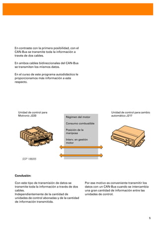 5
En contraste con la primera posibilidad, con el
CAN-Bus se transmite toda la información a
través de dos cables.
En ambos cables bidireccionales del CAN-Bus
se transmiten los mismos datos.
En el curso de este programa autodidáctico le
proporcionamos más información a este
respecto.
Conclusión:
Con este tipo de transmisión de datos se
transmite toda la información a través de dos
cables.
Independientemente de la cantidad de
unidades de control abonadas y de la cantidad
de información transmitida.
Por ese motivo es conveniente transmitir los
datos con un CAN-Bus cuando se intercambia
una gran cantidad de información entre las
unidades de control.
SSP 186/05
Régimen del motor
Consumo combustible
Posición de la
mariposa
Interv. en gestión
motor
Unidad de control para
Motronic J220
Unidad de control para cambio
automático J217
 