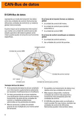 6
SSP 186/02
CAN-Bus de datos
El CAN-Bus de datos
representa un modo de transmitir los datos
entre las unidades de control. Comunica las
diferentes unidades de control en un sistema
global interconectado.
Cuanto mayor es la cantidad de información
que recibe una unidad de control acerca del
estado operativo del sistema global, tanto
mejor puede ajustar al conjunto sus funciones
especíﬁcas.
Ventajas del bus de datos:
· Si el protocolo de datos ha de ser ampliado
con información suplementaria solamente
se necesitan modiﬁcaciones en el software.
· Un bajo porcentaje de errores mediante
una veriﬁcación continua de la información
transmitida, de parte de las unidades de
control, y mediante protecciones
adicionales en los protocolos de datos.
· Menos sensores y cables de señales
gracias al uso múltiple de una misma señal
de sensores.
Unidad control
Unidad de control central
Unidad de control ABS
Unidad de control para cambioUnidad contr.
En el área de la tracción forman un sistema
global:
· la unidad de control del motor,
· la unidad de control para cambio
automático y
· la unidad de control ABS
En el área de confort constituyen un sistema
global:
· la unidad de control central y
· las unidades de control de puertas
· Es posible una transmisión de datos muy
rápida entre las unidades de control.
· Más espacio disponible, mediante
unidades de control más pequeñas y
conectores más compactos para las
unidades de control.
· El CAN-Bus de datos está normalizado a
nivel mundial. Por ese motivo, también las
unidades de control de diferentes
fabricantes pueden intercambiar datos
 