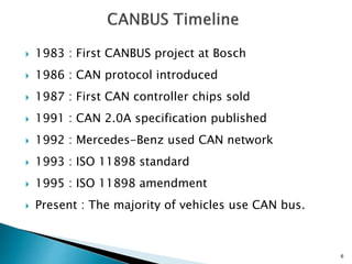 6
 1983 : First CANBUS project at Bosch
 1986 : CAN protocol introduced
 1987 : First CAN controller chips sold
 1991 : CAN 2.0A specification published
 1992 : Mercedes-Benz used CAN network
 1993 : ISO 11898 standard
 1995 : ISO 11898 amendment
 Present : The majority of vehicles use CAN bus.
 