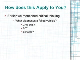 How does this Apply to You?
● Earlier we mentioned critical thinking
– What diagnoses a failed vehicle?
● CAN BUS?
● PC?
● Software?
 