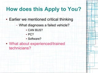 How does this Apply to You?
● Earlier we mentioned critical thinking
– What diagnoses a failed vehicle?
● CAN BUS?
● PC?
● Software?
● What about experienced/trained
technicians?
 