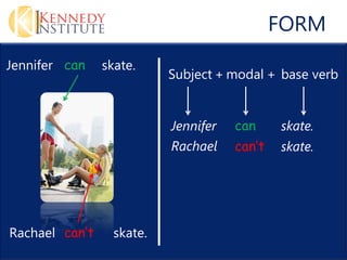 FORM
Jennifer can    skate.
                           Subject + modal + base verb


                           Jennifer   can     skate.
                           Rachael    cant   skate.




Rachael cant     skate.
 