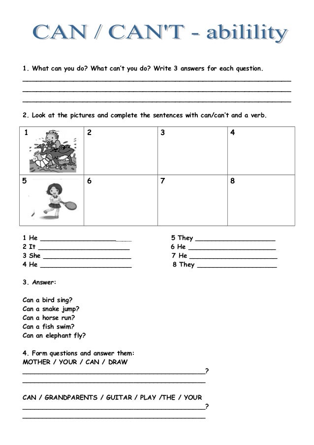 worksheets sentences english kindergarten can't Can
