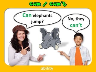 Can elephants
jump?
No, they
can’t
ability
 