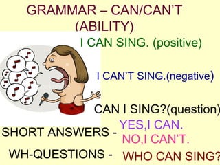 GRAMMAR – CAN/CAN’T
        (ABILITY)
           I CAN SING. (positive)

              I CAN’T SING.(negative)


            CAN I SING?(question)
                YES,I CAN.
SHORT ANSWERS -
                NO,I CAN’T.
 WH-QUESTIONS - WHO CAN SING?
 