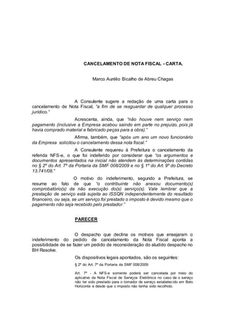CANCELAMENTO DE NOTA FISCAL - CARTA