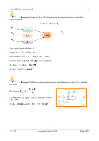 L’amplificatore operazionale                                                                                 14


               Esempio: Facendo uso di un AO utilizzato come sommatore invertente si realizzi la
seguente funzione:

                                             Vu = - 3V1 – 0,4*V2 – V3

  V1
                         3
  V2                                                                    Vu
                       0,4
  V3
                         1

Si faccia riferimento alla figura 9.

Risulta: Vu = - (3V1 + 0,4*V2 + V3 )

Dovra risultare Rf/R1 = 3;        Rf/R2 = 0,4;    Rf/R3 = 1

Fissato il valore di Rf = R3 = 33 KΩ, si ricava facilmente:

R2 = Rf/0,4 = 33 KΩ/0,4 = 82,5 KΩ

R1 = Rf/3 = 33 KΩ/3 = 11 KΩ




                 Esempio: Si effettui la media aritmetica tra due segnali facendo uso di un AO in modalità
invertente.

                             V +V
Dovrà essere:   V =−
                 out
                              1        2


                               2
Con riferimento alla figura a fianco, è sufficiente porre R1
= R2 = 2*Rf

Con Rf = 48 KΩ, risulta R1 = R2 = 2*48 = 96 KΩ




Ed. 1.0                                    www.claudiocancelli.it                               Febb. 2012
 