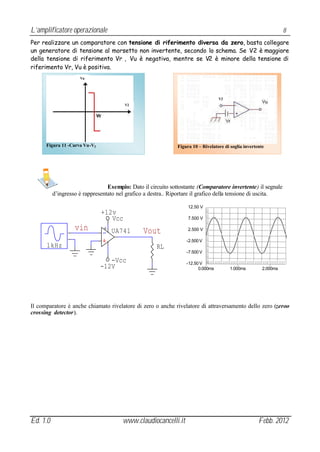 L’amplificatore operazionale                                                                                      8
Per realizzare un comparatore con tensione di riferimento diversa da zero, basta collegare
un generatore di tensione al morsetto non invertente, secondo lo schema. Se V2 è maggiore
della tensione di riferimento Vr , Vu è negativa, mentre se V2 è minore della tensione di
riferimento Vr, Vu è positiva.
                     Vu




                                                                                  V2
                                        V2




      Figura 11 -Curva Vu-V2                                  Figura 10 – Rivelatore di soglia invertente




                                 Esempio: Dato il circuito sottostante (Comparatore invertente) il segnale
          d’ingresso è rappresentato nel grafico a destra.. Riportare il grafico della tensione di uscita.

                                                                   12.50 V
                               +12v
                                  Vcc                              7.500 V

                   vin          + UA741        Vout                2.500 V

                                                                  -2.500 V
      1kHz                                           RL
                                                                  -7.500 V

                                  -Vcc                            -12.50 V
                               -12V                                     0.000ms         1.000ms         2.000ms




Il comparatore è anche chiamato rivelatore di zero o anche rivelatore di attraversamento dello zero (zeroo
crossing detector).




Ed. 1.0                                www.claudiocancelli.it                                         Febb. 2012
 