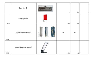 best bag 1
16 12.8
2010
5m flagpole
365 292
1522
triple banner stand 40 32
1304
model 2 acrylic stand
140 112
 