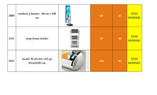 2009
outdoor y banner 80 cm x 180
cm
40 32
YENİ
MƏHSUL
1311 snap frame holder 45 36
YENİ
MƏHSUL
1033
model 30 electric roll up
85cmX205 cm
100 80
YENİ
MƏHSUL
 