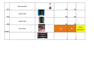 2211
half round table
180 144
2221
model 2 table
250 200
2222
model 3 table
260 208
K3-a001
K3 air frame 120 96
YENİ
QİYMƏT
5 4
 