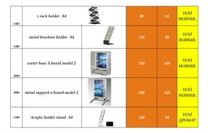 1303
z rack holder A4 80 64
YENİ
MƏHSUL
1305
metal brochure holder A4 110 90
YENİ
MƏHSUL
2004
water base A board model 2 210 168
YENİ
MƏHSUL
2006 metal support a board model 2 200 160
YENİ
MƏHSUL
1309 Acrylic holder stand A4 120 96
YENİ
QİYMƏT
 