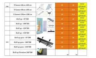 1501
X banner 60cm x160 cm
Korea style windproof X stand, carbon
fire ploe 60*160cm 20 16
YENİ
QİYMƏT
X banner 80cm x180 cm
Korea style windproof X stand, carbon
fire ploe 80*180cm 23 18.4
YENİ
QİYMƏT
X banner 120cm x200 cm
Korea style windproof X stand, carbon
fire ploe 120*200cm 28 22.4
YENİ
QİYMƏT
Roll up - 85*205 35 28
YENİ
QİYMƏT
Roll up - 100*205 50 40
YENİ
QİYMƏT
Roll up - 120*205 60 48
YENİ
QİYMƏT
Roll up - 150*205 80 65
YENİ
QİYMƏT
Roll up qara - 85*200 45 36
YENİ
QİYMƏT
Roll up qara - 100*200 55 44
YENİ
QİYMƏT
Roll up qara - 120*200 70 56
YENİ
QİYMƏT
Roll up Premium 240*200
200 180
SFR3
Aluminum stand with plastic
in leg, clip and hook in top, 3m
sticker tape in bottom, thicker
Oxford carry bag
 
