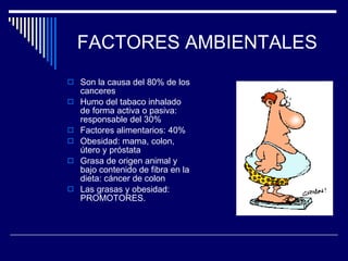 FACTORES AMBIENTALES Son la causa del 80% de los canceres Humo del tabaco inhalado de forma activa o pasiva: responsable del 30% Factores alimentarios: 40% Obesidad: mama, colon, útero y próstata Grasa de origen animal y bajo contenido de fibra en la dieta: cáncer de colon Las grasas y obesidad: PROMOTORES . 