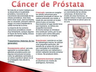 Cáncer de PróstataSe trata de un tumor maligno que se desarrolla en la glándula prostática. Consiste en un crecimiento descontrolado de las células prostáticas. Esto hace, entre otras cosas, que la próstata, por su situación, presione sobre la vejiga y la uretra impidiendo la salida normal de la orina.La mayoría de los tumores cancerosos prostáticos crecen muy lentamente, aunque algunos lo hacen de forma rápida, incluso pueden propagarse.Tratamientos (Además de los generales):Prostatectomía radical: con esta operación se extirpa toda la glándula prostática junto con algunas estructuras cercanas, como las glándulas seminales, y se utiliza cuando el cáncer no se ha propagado más allá de la próstata.Criocirugía: consiste en congelar las células cancerosas para mantener localizado el cáncer. Se realiza colocando una sonda, a través de una incisión en la piel, entre el ano y el escroto. Para localizar el lugar donde tiene que insertarse, se utiliza una ecografía transrectal. Al mismo tiempo se introduce otra sonda por uretra, por la que se pasa suero salino tibio para que la uretra no se congele.Braquiterapia: consiste en un tipo de radioterapia interna. Se utilizan unas pequeñas partículas, del tamaño de un grano de arroz, que son insertadas en la próstata. Estas partículas son radiactivas y emiten radiación durante semanas o meses. No producen dolor.Tratamiento hormonal: consiste en disminuir los niveles de andrógenos, hormonas masculinas porque éstas provocan un crecimiento de las células cancerosas. Al disminuir los niveles de estas hormonas, se pueden reducir o hacer que crezca más lentamente el cáncer pero no se cura.