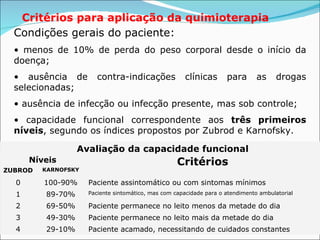 Critérios para aplicação da quimioterapia Condições gerais do paciente:  •  menos de 10% de perda do peso corporal desde o início da doença; •  ausência de contra-indicações clínicas para as drogas selecionadas;  •  ausência de infecção ou infecção presente, mas sob controle; •  capacidade funcional correspondente aos  três primeiros níveis , segundo os índices propostos por Zubrod e Karnofsky. Avaliação da capacidade funcional Níveis Critérios ZUBROD KARNOFSKY 0 100-90% Paciente assintomático ou com sintomas mínimos 1 89-70% Paciente sintomático, mas com capacidade para o atendimento ambulatorial 2 69-50% Paciente permanece no leito menos da metade do dia 3 49-30% Paciente permanece no leito mais da metade do dia 4 29-10% Paciente acamado, necessitando de cuidados constantes 