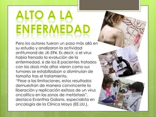 Pero los autores fueron un paso más allá en
su estudio y analizaron la actividad
antitumoral de JX-594. Es decir, si el virus
había frenado la evolución de la
enfermedad. 6 de los 8 pacientes tratados
con las dosis más altas vieron como sus
tumores se estabilizaban o disminuían de
tamaño tras el tratamiento.
“Pese a las limitaciones, estos resultados
demuestran de manera convincente la
liberación y replicación exitosa de un virus
oncolítico en las zonas de metástasis”,
destaca Evanthia Galanis, especialista en
oncología de la Clínica Mayo (EE.UU.),
 