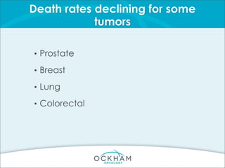 Death rates declining for some
tumors
• Prostate
• Breast
• Lung
• Colorectal
 