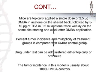 CONT…
Mice are topically applied a single dose of 2.5 µg
DMBA in acetone on the shared back, followed by 5-
10 µg of TPA in 0.2 ml acetone twice weekly on the
same site starting one week after DMBA application.
Percent tumor incidence and multiplicity of treatment
groups is compared with DMBA control group.
Drug under test can be administered either topically or
oral route.
The tumor incidence in this model is usually about
100% DMBA controls.
 