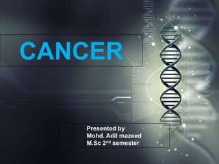 CANCER
Presented by
Mohd. Adil mazeed
M.Sc 2nd semester
 