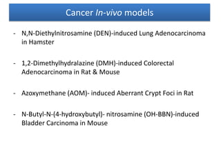 - N,N-Diethylnitrosamine (DEN)-induced Lung Adenocarcinoma
in Hamster
- 1,2-Dimethylhydralazine (DMH)-induced Colorectal
Adenocarcinoma in Rat & Mouse
- Azoxymethane (AOM)- induced Aberrant Crypt Foci in Rat
- N-Butyl-N-(4-hydroxybutyl)- nitrosamine (OH-BBN)-induced
Bladder Carcinoma in Mouse
Cancer In-vivo models
 