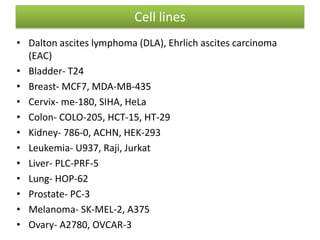 Cell lines
• Dalton ascites lymphoma (DLA), Ehrlich ascites carcinoma
(EAC)
• Bladder- T24
• Breast- MCF7, MDA-MB-435
• Cervix- me-180, SIHA, HeLa
• Colon- COLO-205, HCT-15, HT-29
• Kidney- 786-0, ACHN, HEK-293
• Leukemia- U937, Raji, Jurkat
• Liver- PLC-PRF-5
• Lung- HOP-62
• Prostate- PC-3
• Melanoma- SK-MEL-2, A375
• Ovary- A2780, OVCAR-3
 