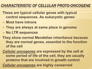 CHARACTERISTIC OF CELLULAR PROTO-ONCOGENE
These are typical cellular genes with typical
control sequences. As eukaryotic genes:
 Most have introns
 They are always at same place in genome
 No LTR sequences
They show normal Mendelian inheritance because
they are normal genes, essential to the function
of the cell
Cellular oncogenes are expressed by the cell at
some period of life of the cell, they are usually
proteins that are involved in growth control
Cellular oncogenes are highly conserved
 