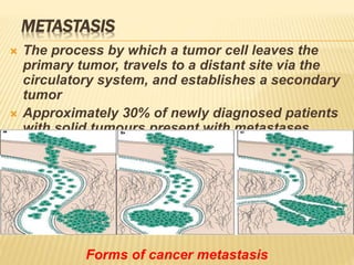 METASTASIS
 The process by which a tumor cell leaves the
primary tumor, travels to a distant site via the
circulatory system, and establishes a secondary
tumor
 Approximately 30% of newly diagnosed patients
with solid tumours present with metastases
Forms of cancer metastasis
 