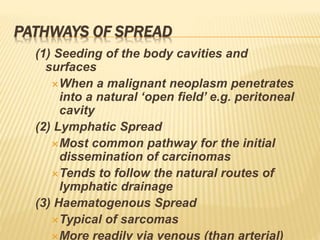 PATHWAYS OF SPREAD
(1) Seeding of the body cavities and
surfaces
When a malignant neoplasm penetrates
into a natural ‘open field’ e.g. peritoneal
cavity
(2) Lymphatic Spread
Most common pathway for the initial
dissemination of carcinomas
Tends to follow the natural routes of
lymphatic drainage
(3) Haematogenous Spread
Typical of sarcomas
More readily via venous (than arterial)
 