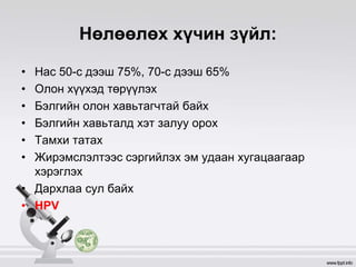Нөлөөлөх хүчин зүйл:
• Нас 50-с дээш 75%, 70-с дээш 65%
• Олон хүүхэд төрүүлэх
• Бэлгийн олон хавьтагчтай байх
• Бэлгийн хавьталд хэт залуу орох
• Тамхи татах
• Жирэмслэлтээс сэргийлэх эм удаан хугацаагаар
хэрэглэх
• Дархлаа сул байх
• HPV
 
