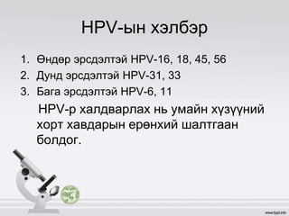 HPV-ын хэлбэр
1. Өндөр эрсдэлтэй HPV-16, 18, 45, 56
2. Дунд эрсдэлтэй HPV-31, 33
3. Бага эрсдэлтэй HPV-6, 11
HPV-р халдварлах нь умайн хүзүүний
хорт хавдарын ерөнхий шалтгаан
болдог.
 