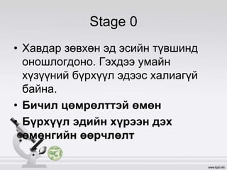 Stage 0
• Хавдар зөвхөн эд эсийн түвшинд
оношлогдоно. Гэхдээ умайн
хүзүүний бүрхүүл эдээс халиагүй
байна.
• Бичил цөмрөлттэй өмөн
• Бүрхүүл эдийн хүрээн дэх
өмөнгийн өөрчлөлт
 