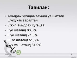 Тавилан:
• Амьдрах хугацаа өвчний үе шаттай
шууд хамааралтай.
• 5 жил амьдрах хугацаа:
- I үе шатанд 88,8%
- II үе шатанд 71,0%
- III Үе шатанд 51,8%
- Бүх үе шатанд 81,9%
1/11/2016 82
 