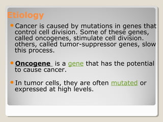 Etiology
Cancer is caused by mutations in genes that
control cell division. Some of these genes,
called oncogenes, stimulate cell division.
others, called tumor-suppressor genes, slow
this process.
Oncogene is a gene that has the potential
to cause cancer.
In tumor cells, they are often mutated or
expressed at high levels.
 