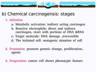 20
b) Chemical carcinogensis: stages
1. Initiation
a. Metabolic activation: indirect acting carcinogen
b. Reactive electrophile: direct and indirect
carcinogen, react with portions of DNA &RNA
c. Target molecule: DNA damage ,irreversible
d. The initiated cell: mutagenic situation of cell
2. Promotion: promote genetic change, proliferation,
agents
3. Progression: cancer cell shows phenotypic features
20
 