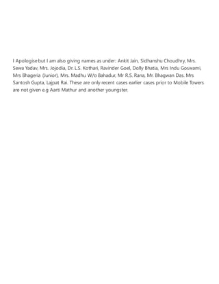 EMF Exposure Status
1
Compliant to Electromagnetic Field (EMF)
Exposure Norms?
Yes
2 Latest Basis of Compliance
Operator Certified as per
DoT Test Procedure
3 Certified on 04/02/2017
4
Latest certified EMF level (Watts per meter
square) for the site
0.002052 (W/m2)
5
DoT prescribed EMF limit (Watts per meter
square) for the site
0.43875 (W/m2)
6
Latest certified EMF level as a percentage of
DoT prescribed EMF limit for the site
0.47 %
III
Site Details
Address:
183  3rd Floor  Vaishali  Pittampura  Delhi-100
088
Operators
Name of Operator Aircel
Frequency Bands 1800 MHz
Technology 2G
Name of Operator Idea
Frequency Bands 900, 1800 MHz
Technology 2G, 3G
EMF Exposure Status
1
Compliant to Electromagnetic Field (EMF)
Exposure Norms?
Yes
2 Latest Basis of Compliance
Operator Certified as per
DoT Test Procedure
3 Certified on 07/03/2017
4
Latest certified EMF level (Watts per meter
square) for the site
0.01913 (W/m2)
5
DoT prescribed EMF limit (Watts per meter
square) for the site
0.4676 (W/m2)
6 Latest certified EMF level as a percentage of 4.09 %
 