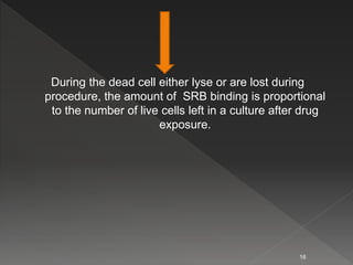 During the dead cell either lyse or are lost during
procedure, the amount of SRB binding is proportional
to the number of live cells left in a culture after drug
exposure.
16
 