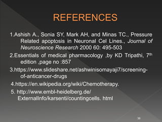 1.Ashish A., Sonia SY, Mark AH, and Minas TC., Pressure
Related apoptosis in Neuronal Cel Lines., Journal of
Neuroscience Research 2000 60: 495-503
2.Essentials of medical pharmacology ,by KD Tripathi, 7th
edition ,page no :857
3.https://www.slideshare.net/ashwinisomayaji7/screening-
of-anticancer-drugs
4.https://en.wikipedia.org/wiki/Chemotherapy.
5. http://www.embl-heidelberg.de/
ExternalInfo/karsenti/countingcells. html
36
 
