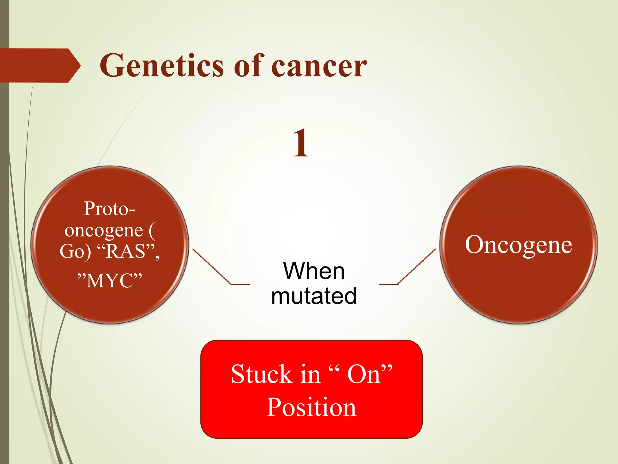 Genetics of cancer
Proto-
oncogene (
Go) “RAS”,
”MYC” When
mutated
Oncogene
1
Stuck in “ On”
Position
 