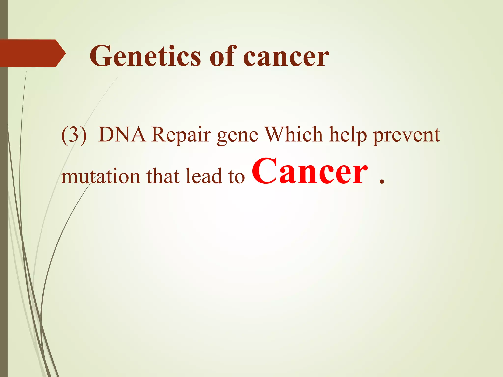 (3) DNA Repair gene Which help prevent
mutation that lead to Cancer .
Genetics of cancer
 