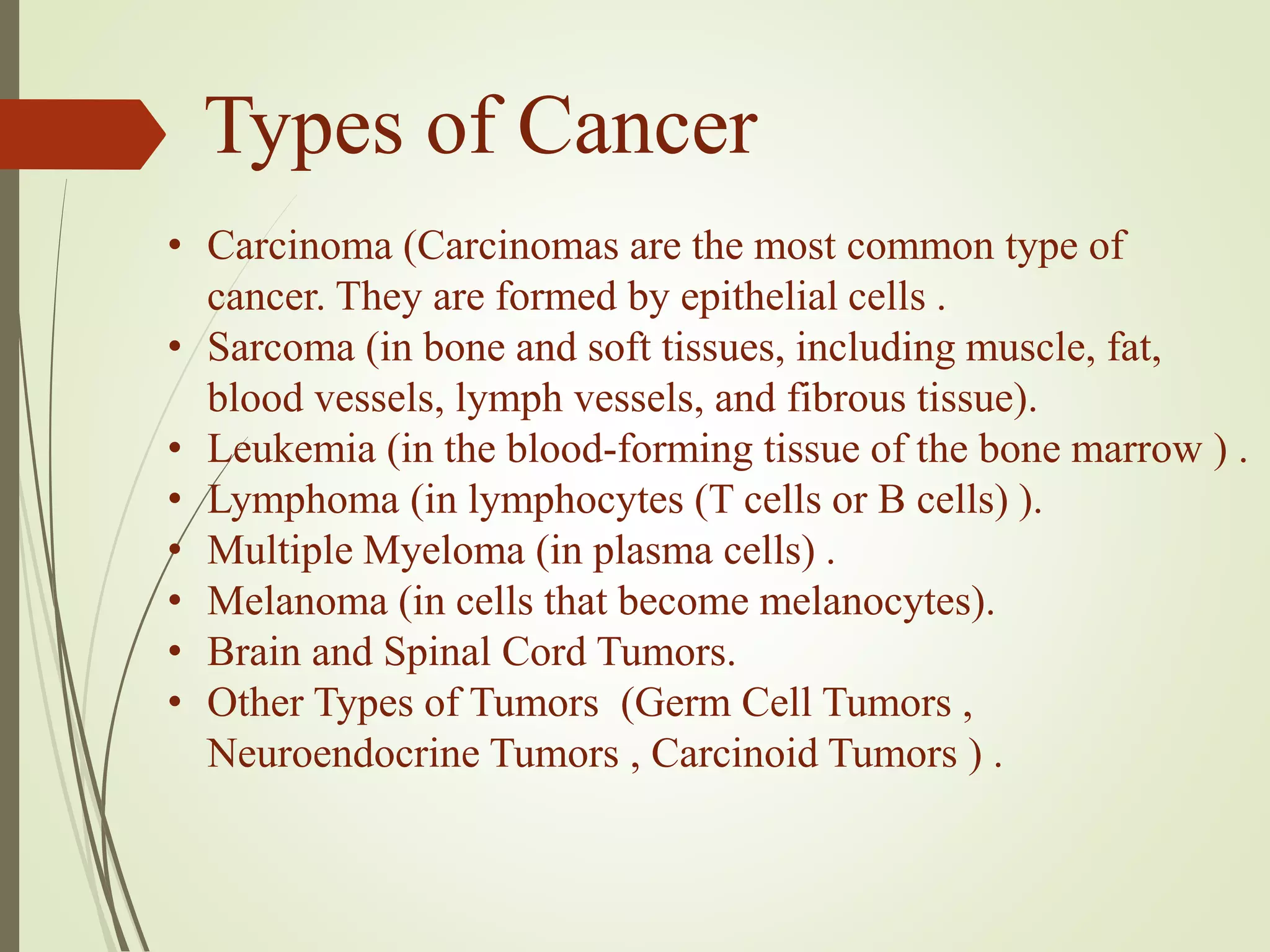 Types of Cancer
• Carcinoma (Carcinomas are the most common type of
cancer. They are formed by epithelial cells .
• Sarcoma (in bone and soft tissues, including muscle, fat,
blood vessels, lymph vessels, and fibrous tissue).
• Leukemia (in the blood-forming tissue of the bone marrow ) .
• Lymphoma (in lymphocytes (T cells or B cells) ).
• Multiple Myeloma (in plasma cells) .
• Melanoma (in cells that become melanocytes).
• Brain and Spinal Cord Tumors.
• Other Types of Tumors (Germ Cell Tumors ,
Neuroendocrine Tumors , Carcinoid Tumors ) .
 