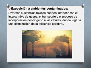 O Exposición a ambientes contaminados:
Diversas sustancias tóxicas pueden interferir con el
intercambio de gases, el transporte y el proceso de
incorporación del oxígeno a las células, dando lugar a
una disminución de la eficiencia cerebral.
 