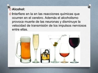 O Alcohol:
O Interfiere en la en las reacciones químicas que
ocurren en el cerebro. Además el alcoholismo
provoca muerte de las neuronas y disminuye la
velocidad de transmisión de los impulsos nerviosos
entre ellas.
 